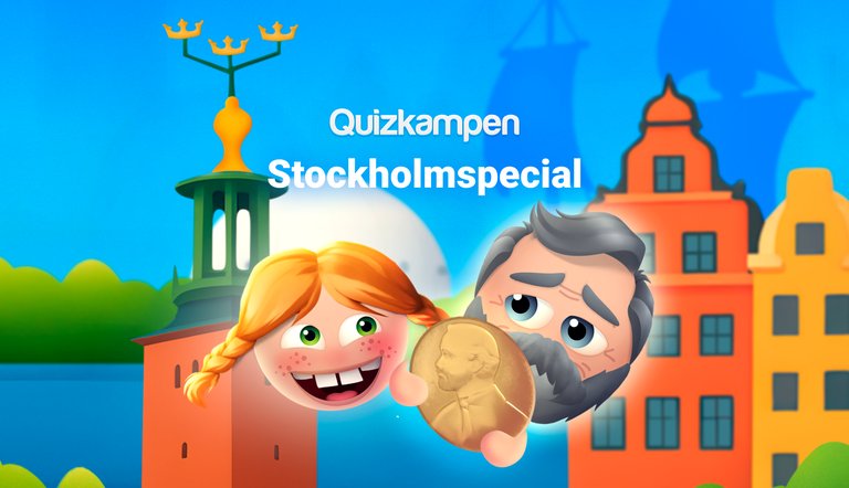 Två smileys med attribut på Stockholmstema och titeln på quizet.