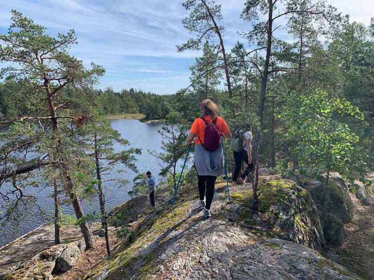 Tre människor som går på en klippa och njuter av utsikten över tallarna och vattnet.