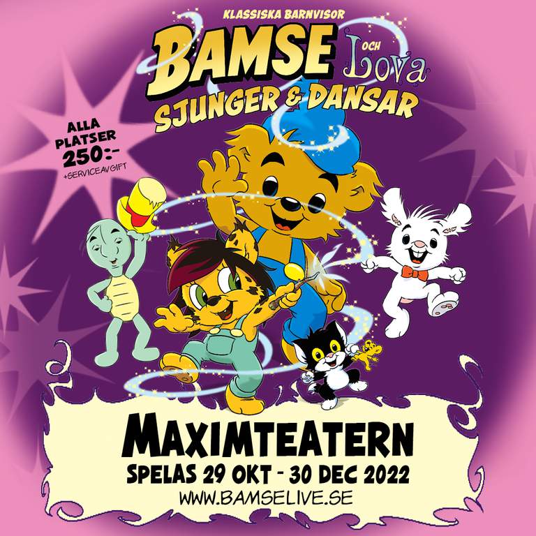 Bamse och många andra tecknade figurer. Informationen om evenemanget.