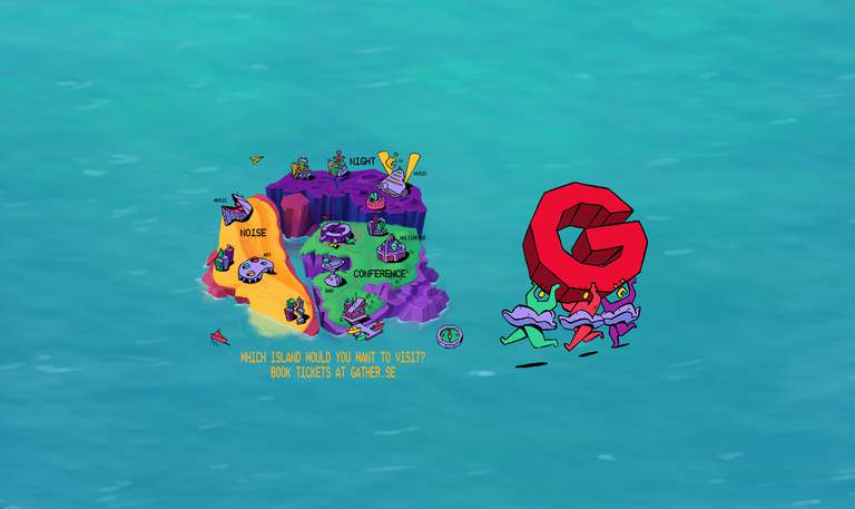 En teckning av tre öar och tre springande personer som håller bokstaven G.