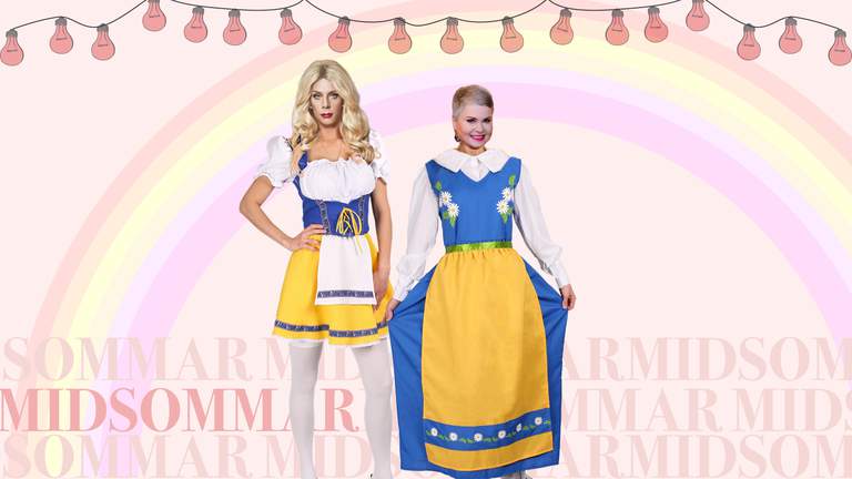 Två personer klädda i Sveriges folkdräkter.