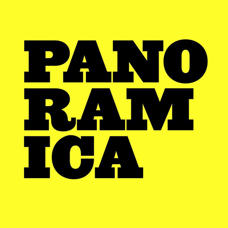 Logotyp för Panoramica Filmfestival. Svart text mot gul bakgrund.
