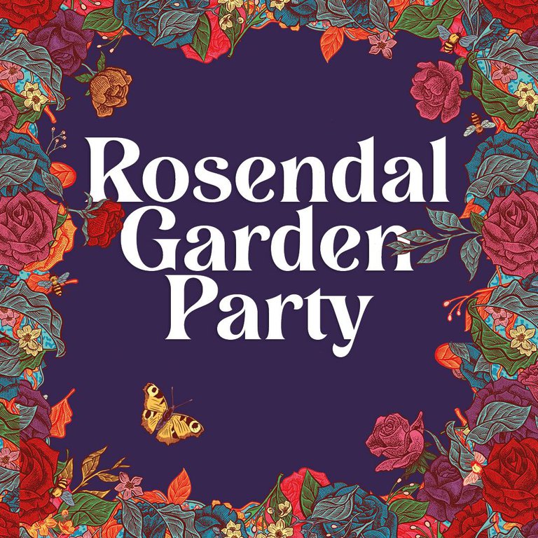 Texten "Rosendal Garden Party" med blommor i bakgrunden.