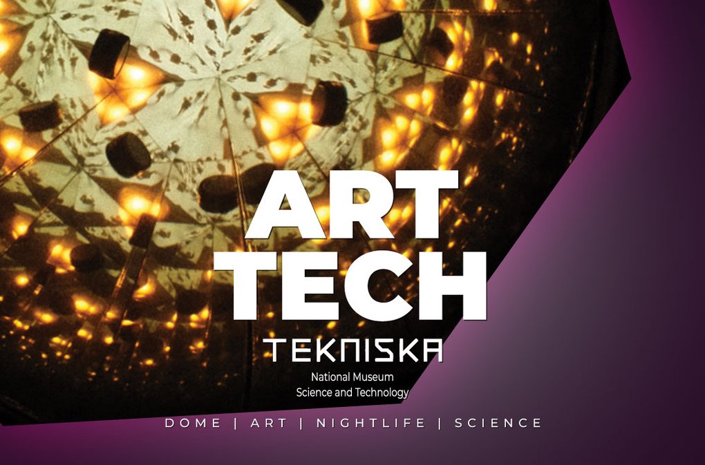 Affisch för Art Tech på Tekniska museet – kalejdoskopiskt spegelmönster med varma ljuspunkter.