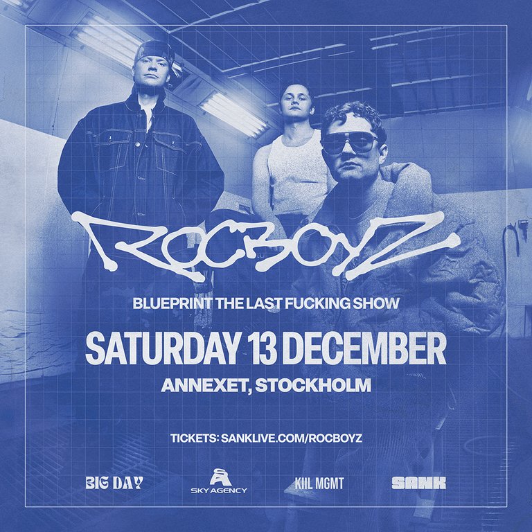 Blåtonad konsertaffisch för Rocboyz: ”Blueprint – The Last Fucking Show”. Lördag 13 december, Annexet, Stockholm. Tre medlemmar poserar; rutnät; logotyper för Big Day, Sky Agency, Kill MGMT, SANK; biljetter på sanklive.com/rocboyz.
