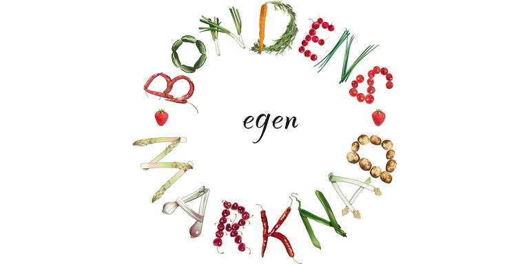 Marknadens namn Bondens egen marknad skrivet i en cirkel