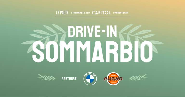 Affisch med information om drive-in sommarbio med sponsorer.