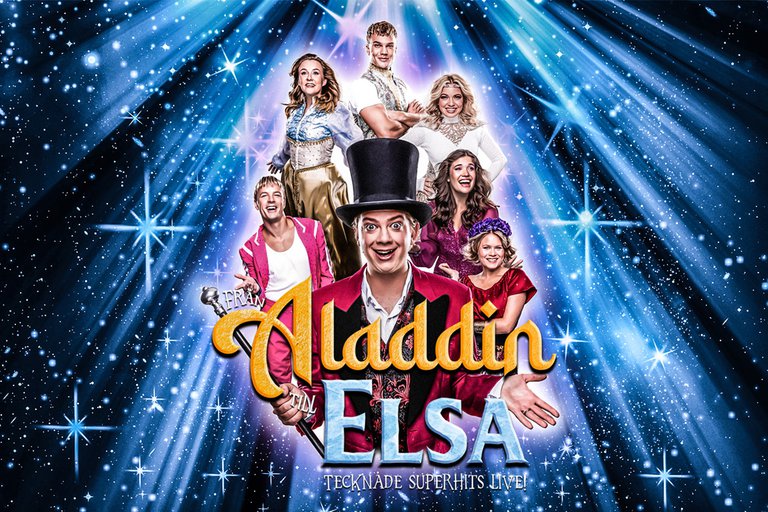 Texten "Aladdin Elsa – Tecknade superhits live!" och skådespelare i scenkostymer.