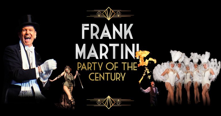 Texten "Frank Martini Party of the Century" och bilder på artisterna.