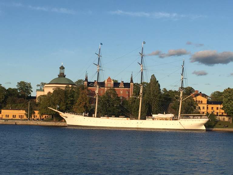 Ett skepp vid stranden med träd och byggnader.