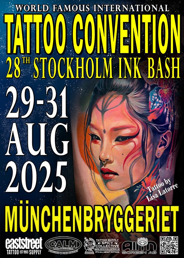 Poster för Stockholm Ink Bash som hålls 29-31 augusti på Münchenbryggeriet. Bilden föreställen en kvinna med ansiktstatuering.