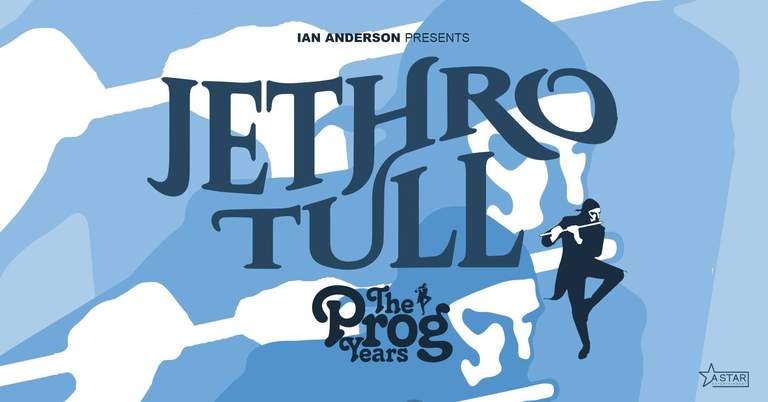 Texten "Ian Anderson presents Jethro Tull The Prog Years" på bakgrunden i blått och vitt och en siluett av en man som dansar och spelar flöjt.