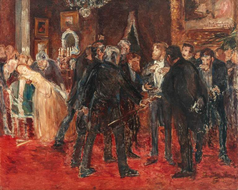 En målning föreställande en grupp av män i smoking och en avsvimmad kvinna i långklänning.