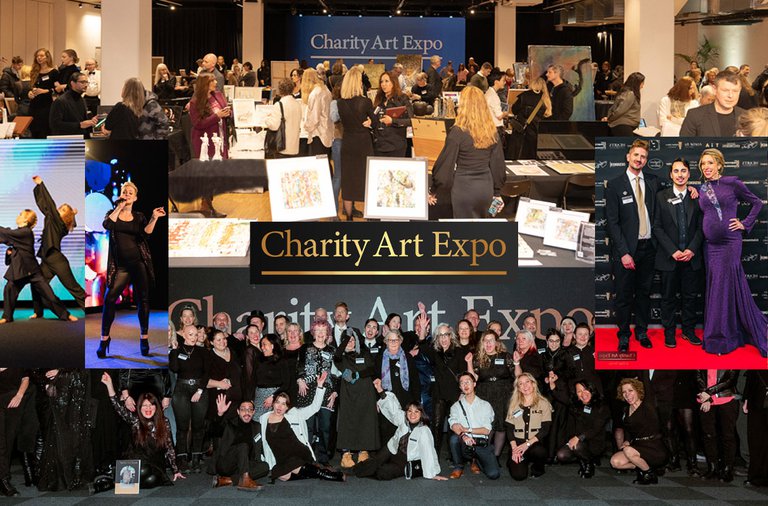 Ett collage med bilder från Charity Art Expo