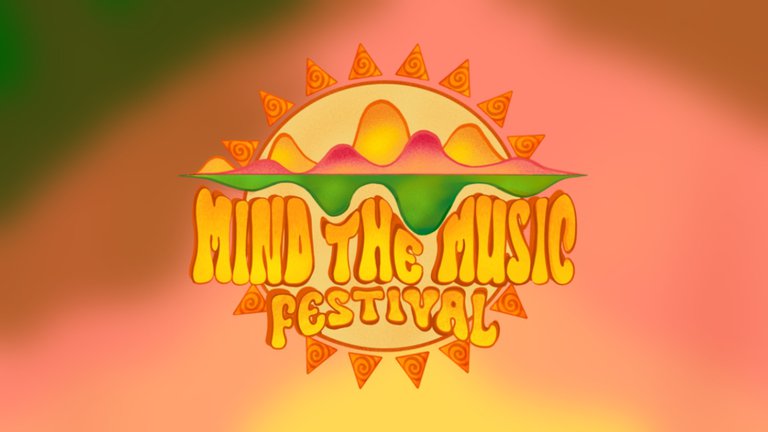 Text Mind the Music festival med teckning av solen i bakgrunden
