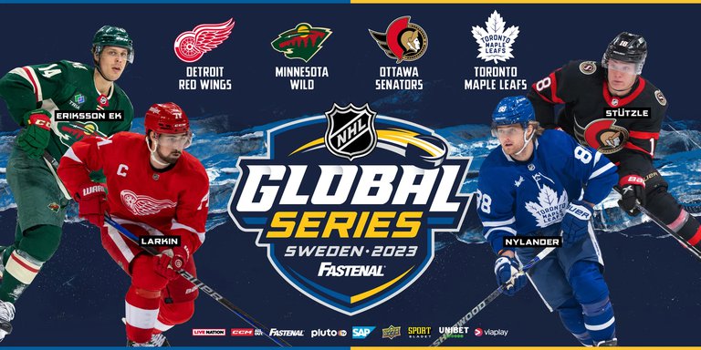 Ett montage av ishockeyspelare som om ger en vapensköld med en flygande hockeypuck och texten "NHL Global Series"