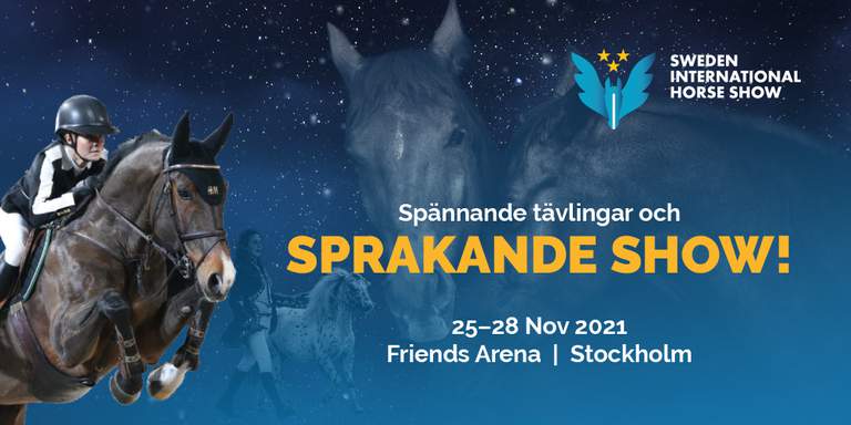 En affisch av Sweden International Horse Show med ryttare, hästar och informationen om evenemanget.