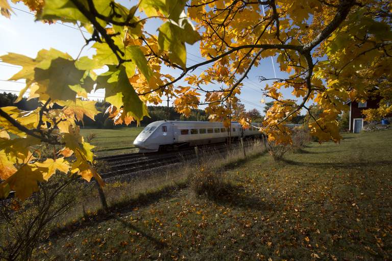 Resa till Stockholm. Ett X2000-tåg åker längs med rälls i Sverige.