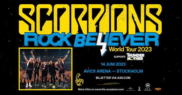 Ett foto på bandet Scorpions och information om evenemanget.