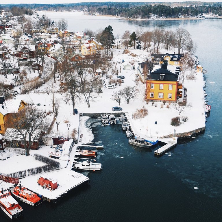 Stockholm Archipelago village Vaxholm seen from above in winter.