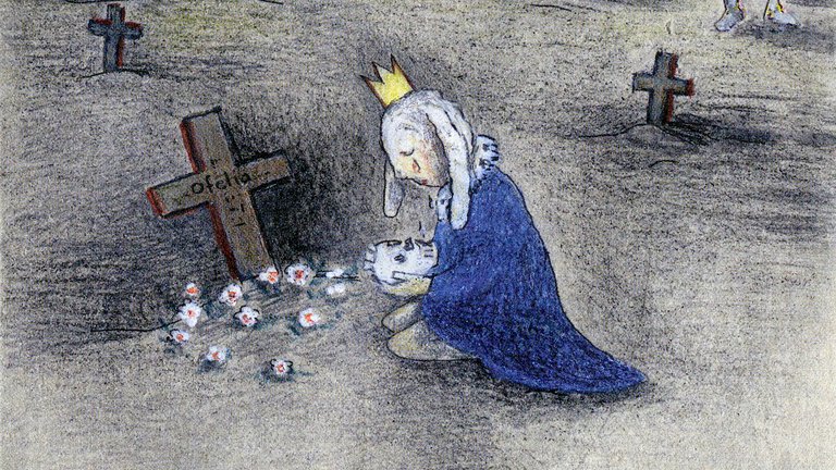 En teckning som föreställer en prins på en kyrkogård.