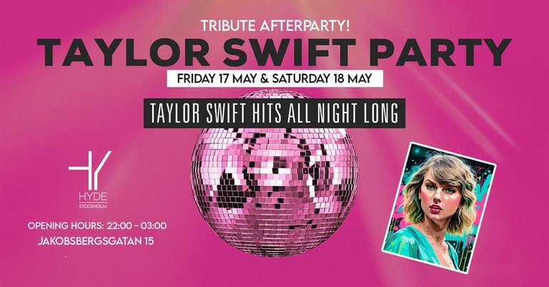 eventaffisch med information om eventet, med en discoboll på rosa bakgrund och en bild på Taylor Swift