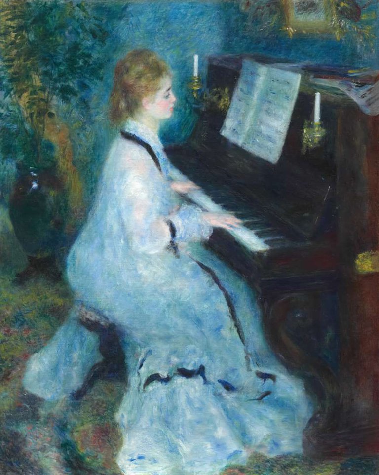 Målning som föreställer en kvinna som spelar piano