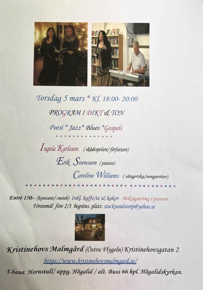 Ballads,Poetry & Jazz with Ingela Karlsson, Caroline Williams & Erik Svensson