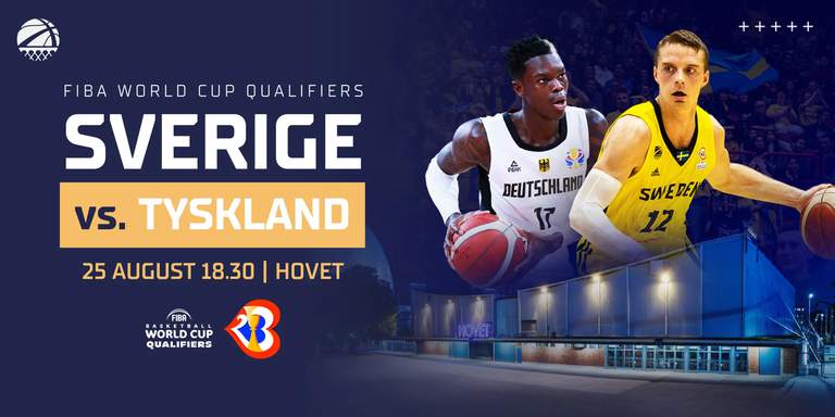 Två basketspelare och information om evenemanget.