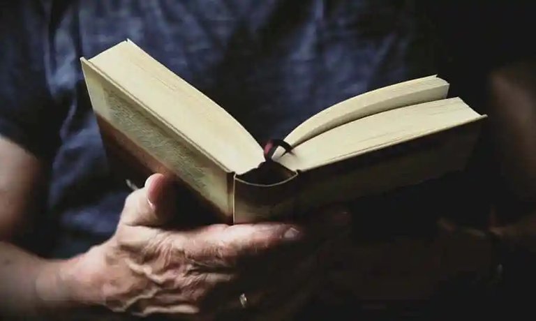 En hand som håller en bok.