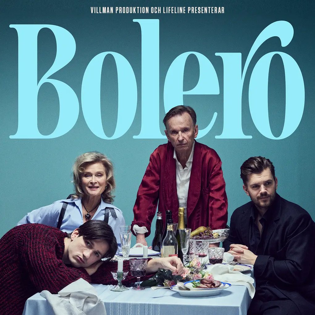 Affisch för ‘Bolero’, ett svenskt kammarspel på Intiman hösten 2025; visar dramatiska bilder som fångar teman om vansinne, sorg och humor.