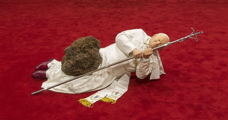 Maurizio Cattelan, La Nona Ora, 1999 Installation view: Not Afraid of Love at the Monnaie de Paris, October 21, 2016 to January 8, 2017. Photo, Zeno Zotti. Courtesy, Maurizio Cattelan's Archive.