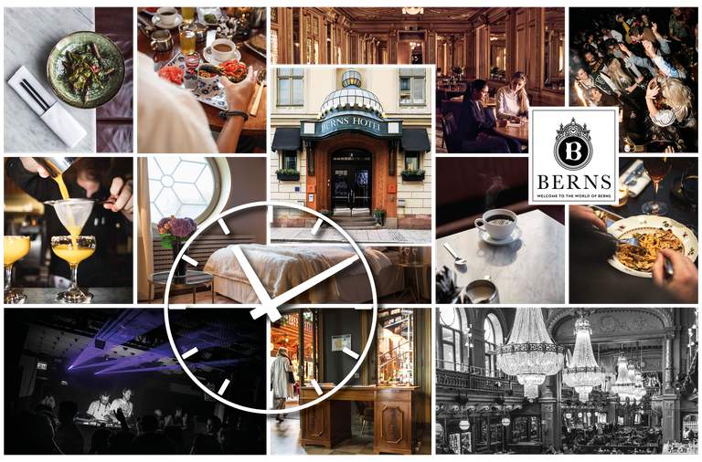 Många olika bilder gjorda i Berns: restaurang, nattklubb, hotell med mera.