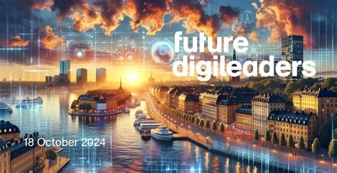 En stiliserad grafik med texten “future digileaders” över en stadsbild med digitala nätverksmotiv