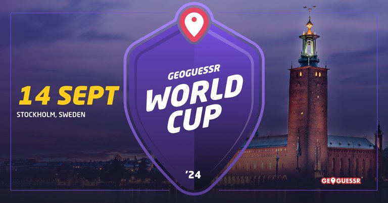 Affischbild för Geoguessr World cup, med en bild av Stockholm, Geoguessers logotyp och datum för evenemanget