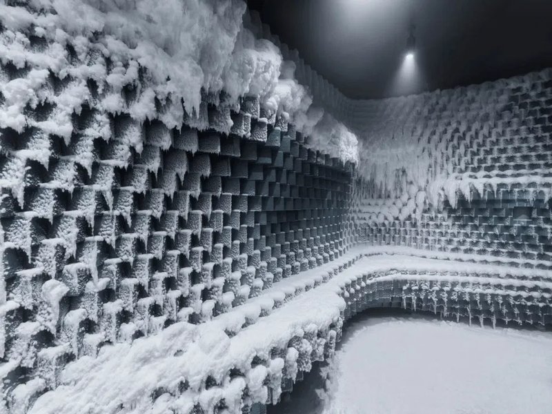 The "Snow sauna" or ice room at the Hagastrand hotel. A room with geometric block walls is completely covered in thick frost and ice formations.