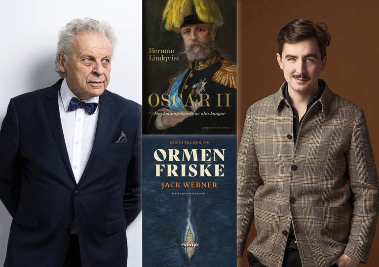 Foton på Herman Lindqvist och Jack Werner och omslagen till deras böcker.