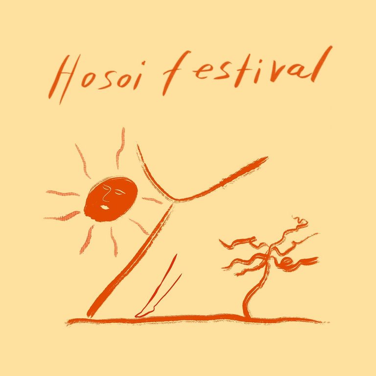 The text "Hosoi festival 2024" and an orange and beige, naïve-style, drawing of a antropomorphic sun, accompanied by squiggly lines resembling a coctail glass, a human leg, and a tree