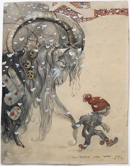 John-Bauerteckning av en liten tomte some leder en stor julbock genom snön