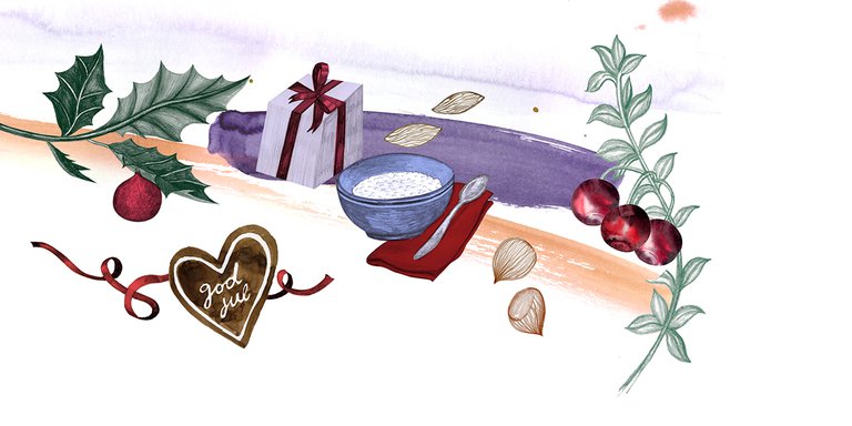 Teckning som föreställer en skål, sked, julklapp och juldekorationer.