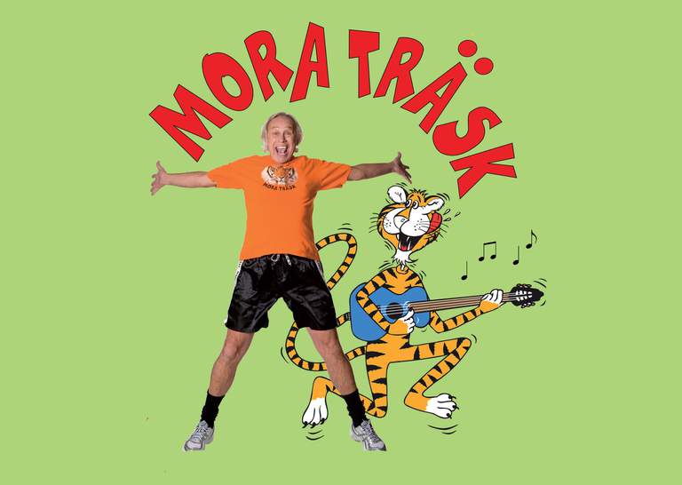 En person som skrattar och en tecknad tiger som spelar gitarr.