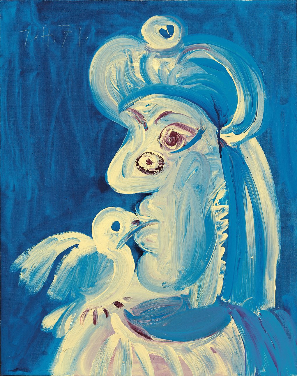 Stiliserat blått porträtt av en kvinna i profil som kysser en vit duva, målat av Pablo Picasso.
