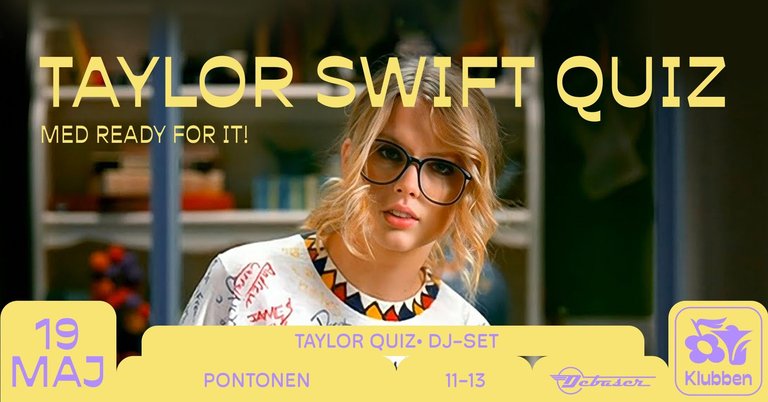 Fotomontage med texten "Taylor Swift Quiz" på en bild av Taylor Swift med glasögon