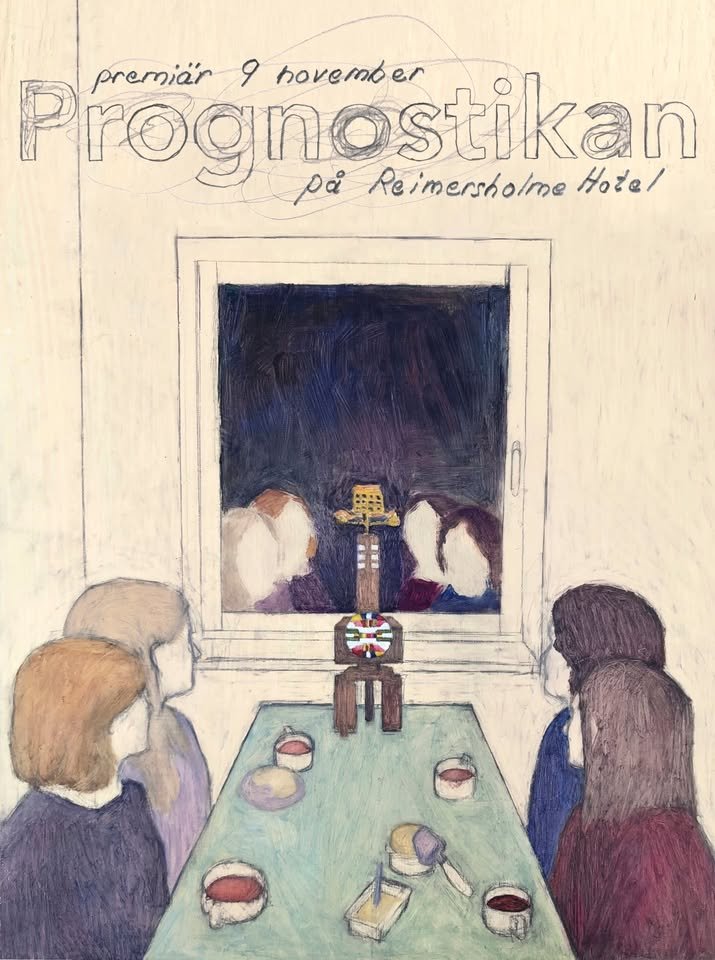 En teckning av fyra personer som sitter kring ett fikabord och stirrar på en apparat på bordets bortre ände. Personernas ansikten speglas i ett fönster.