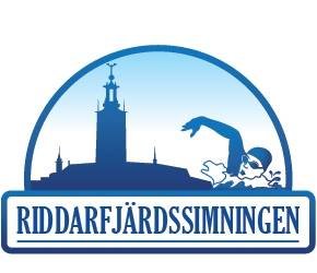 Texten Riddarfjärdssimningen och en teckning föreställande en simmare.