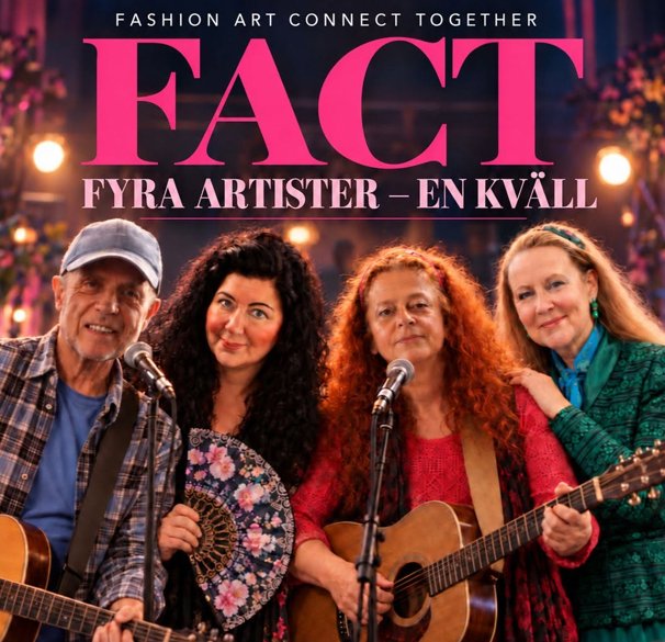En grupp på fyra personer spelar musik tillsammans utomhus på kvällstid. De håller instrument som gitarr och mikrofon och ser glada ut.