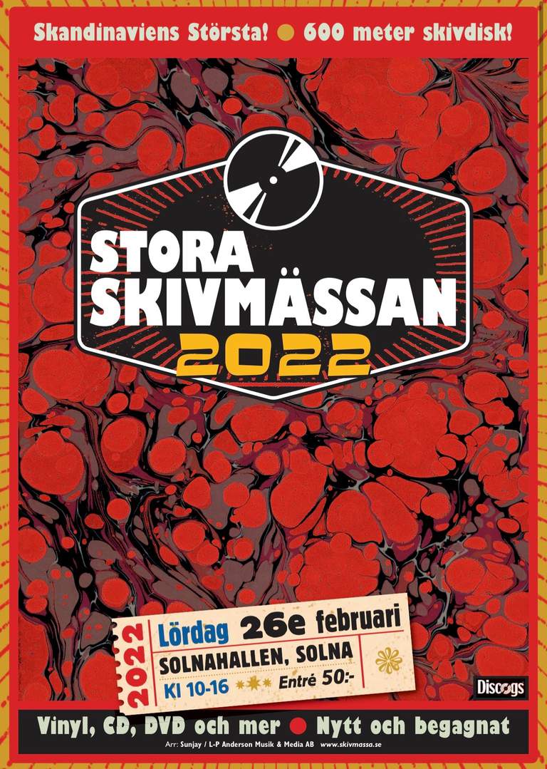 En affisch med information om skivmässan på röd bakgrund med abstrakt motiv.