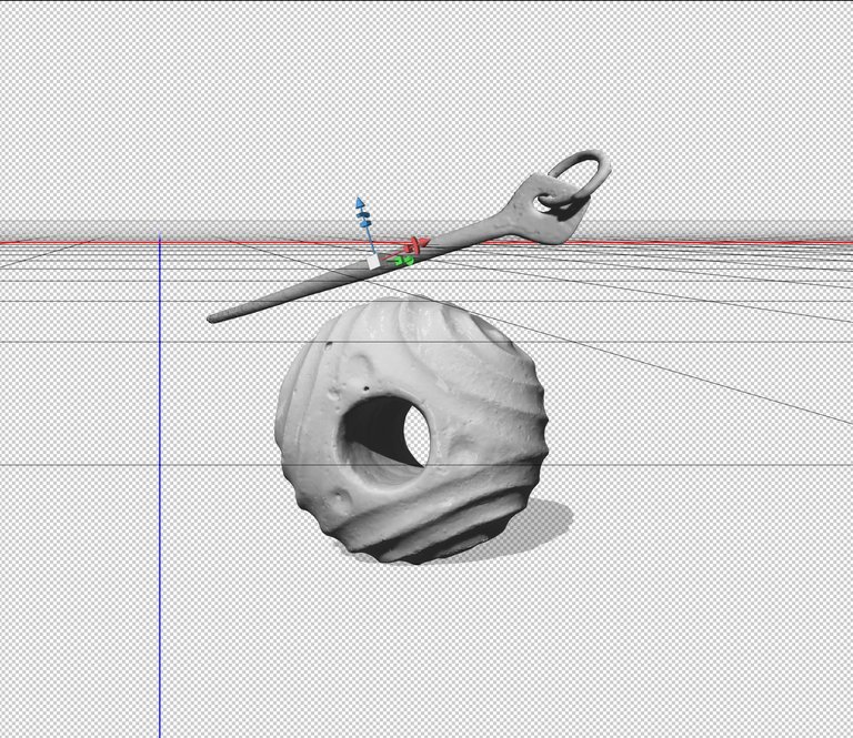 3D-rendering av en räfflad spinntrissa och en nål med ögla, med hjälplinjer i arbetsytan.