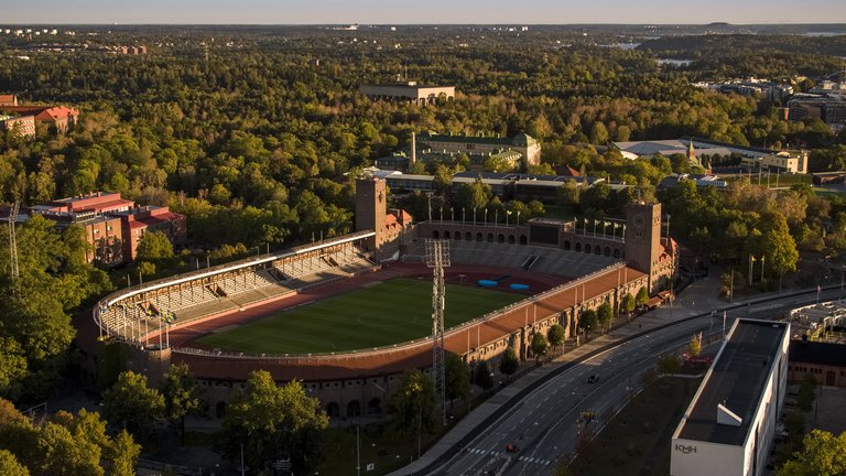 Sevärdheter i Stockholm. Stockholms Olympiska Stadion, helikopterbild.