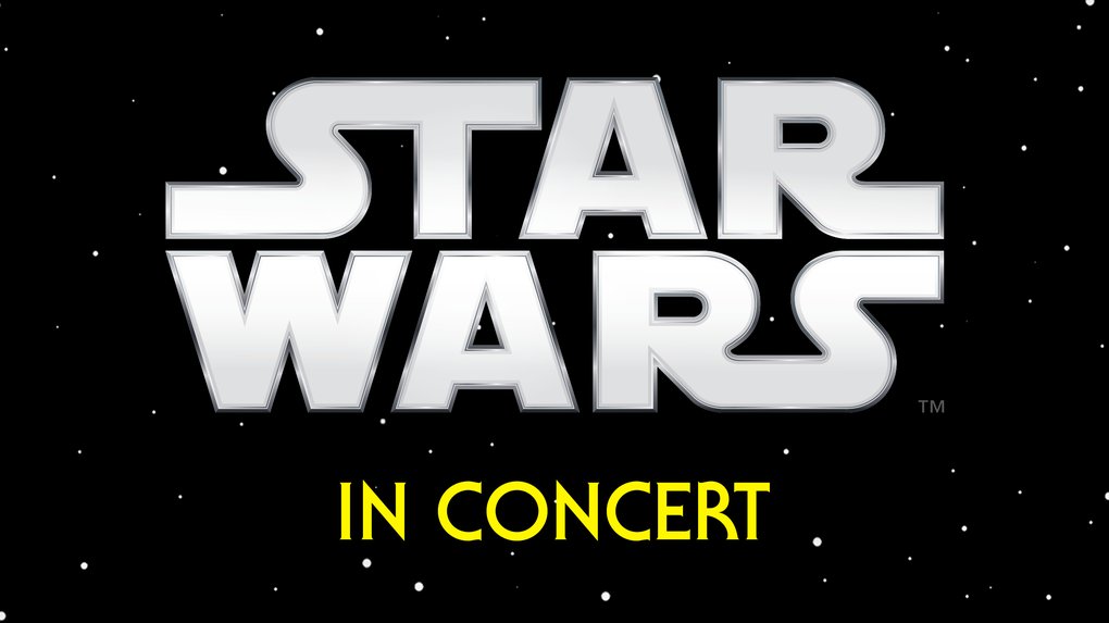 Logotypen för Star Wars med texten 'IN CONCERT' nedanför, på en svart bakgrund med stjärnor.